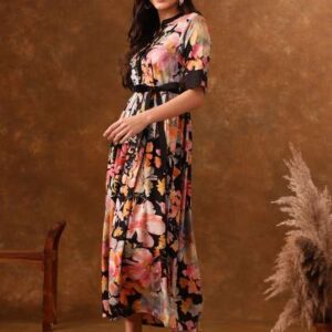 Anouk Floral Printed RollUp Sleeves Belted Pleated