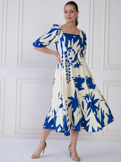 Antheaa Tie and Dye Print Puff Sleeve Crepe ALine