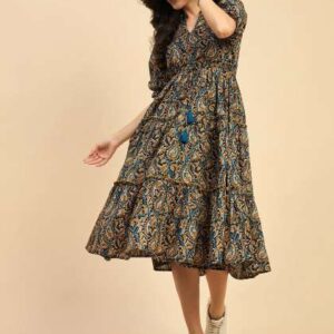 Azira Ethnic Motifs Printed Cotton Empire Midi Dre