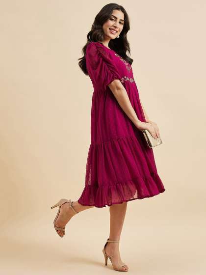 Azira Floral Embroidered Round Neck Short Puff Sle