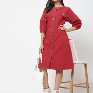 COSMIC TRIO Women Puff Sleeves Cotton ALine Dress