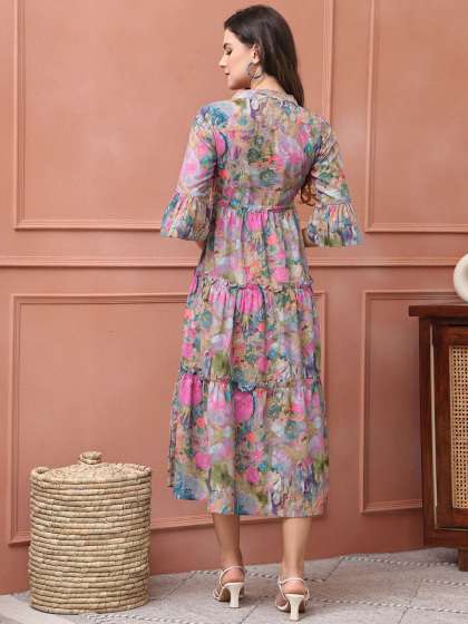 Claura Cotton Floral Printed Flared Sleeve Fit Fl