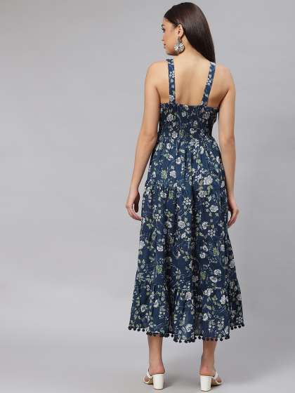 Divena Navy Blue White Pure Cotton Floral Print M