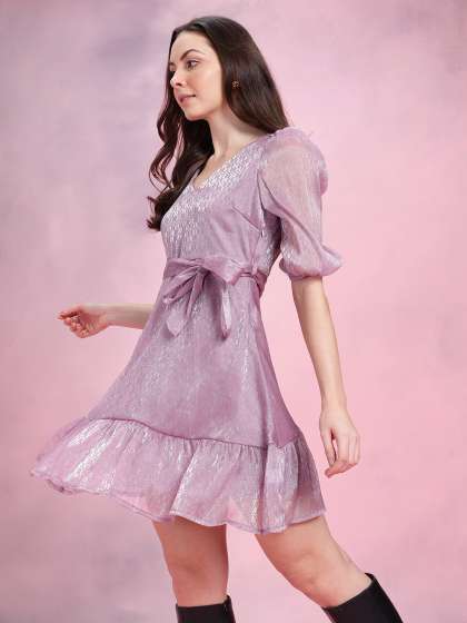 DressBerry Puff Sleeve Belted ALine Dress