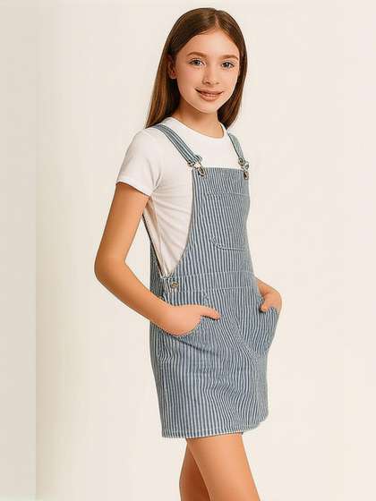 Kryptic Girls Pure Cotton Striped Denim Pinafore D