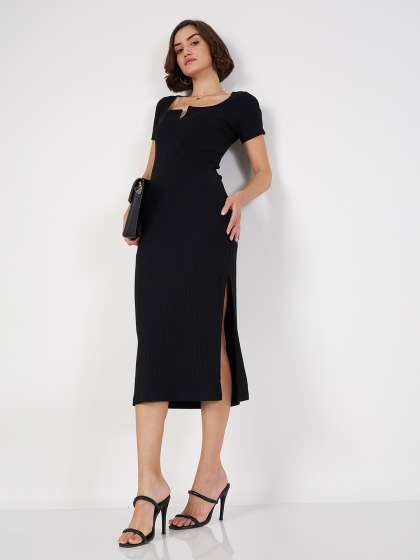 SASSAFRAS Square Neck Knitted Sheath Midi Dress