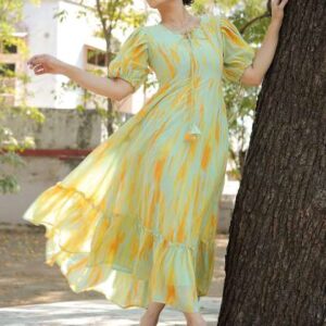 SHINISHA Women Printed Puff Sleeve Fit Flare Maxi