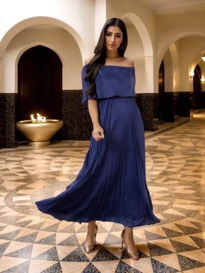 Styli Navy Blue Striped Off Shoulder ALine Maxi Dr