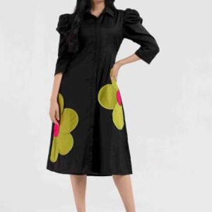 WEAVLLITE Floral Print Puff Sleeve Applique ALine