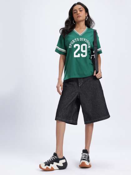 glitchez Women Varsity Printed VNeck Oversized Tsh